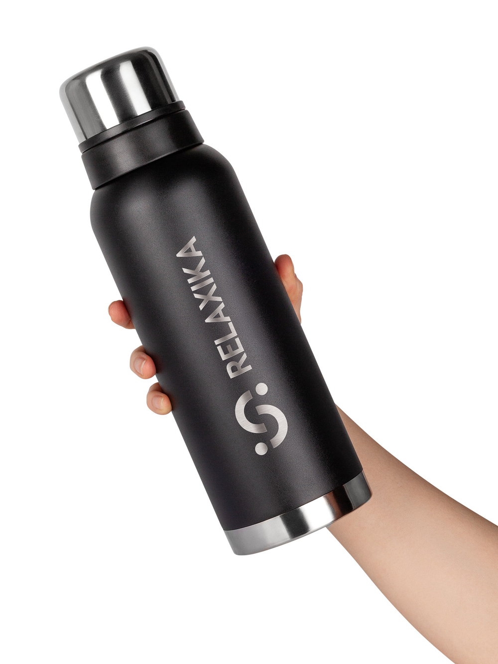 Термос Relaxika 103 (1,2 литра), черный (стикерпак "Зимний спорт")