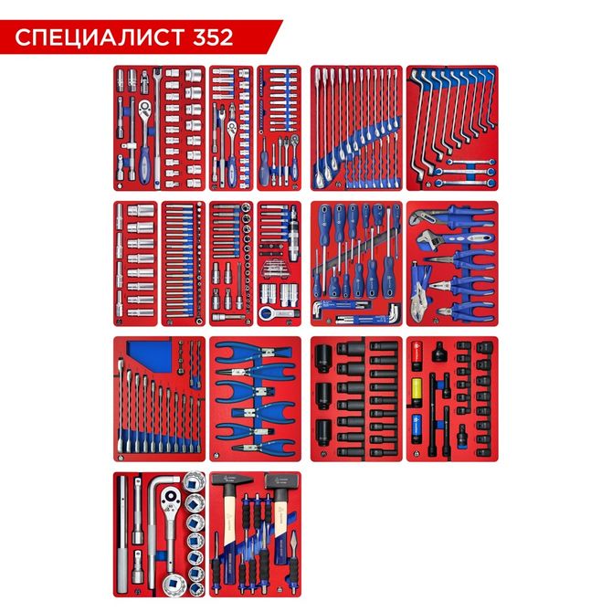 МАСТАК (5-00352) Набор инструментов "СПЕЦИАЛИСТ 352" для тележки, 17 ложементов, 352 предмета