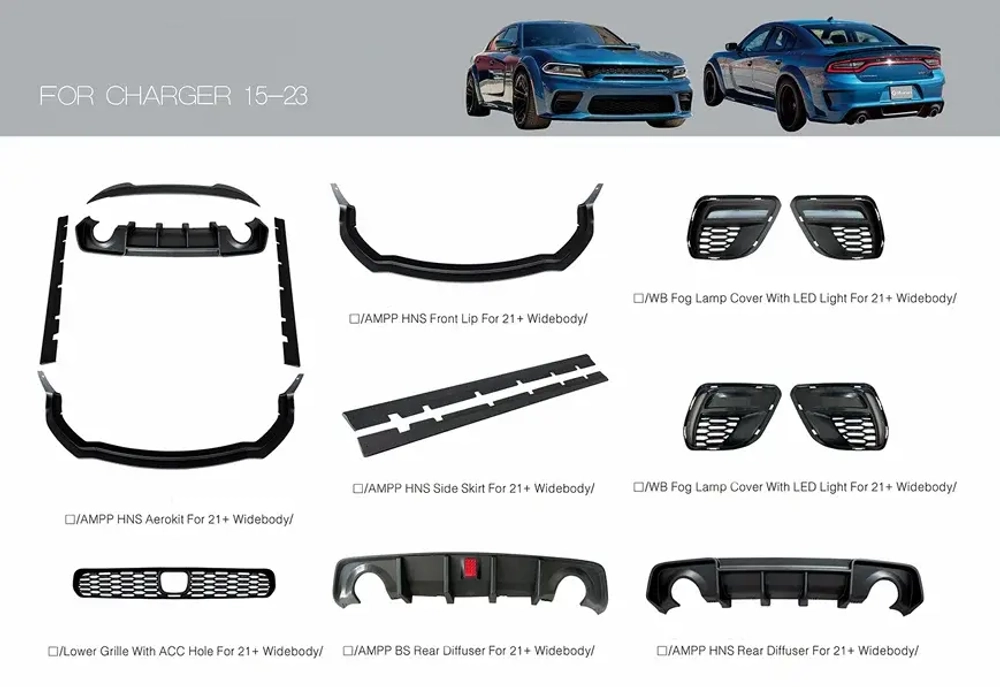 Широкий обвес на Dodge Charger 2016-2023 Додж Чарджер Губа юбки спойлер Решетка радиатора Диффузор