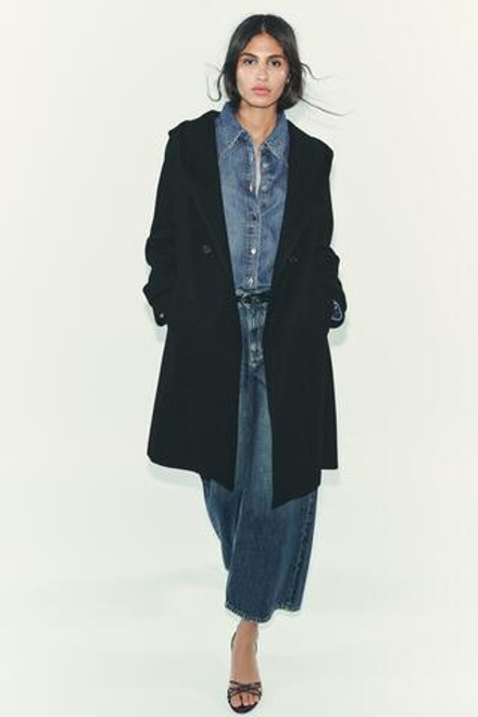 ZARA МЯГКОЕ ПАЛЬТО С КАПЮШОНОМ, ЧЕРНЫЙ
