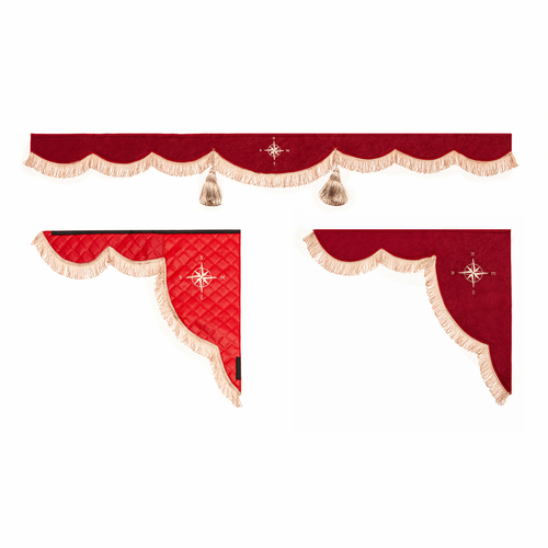 Ламбрекен 1,8м с косынками универсальные стеганые Роза Ветров (экокожа, красный, коричневые кисточки)