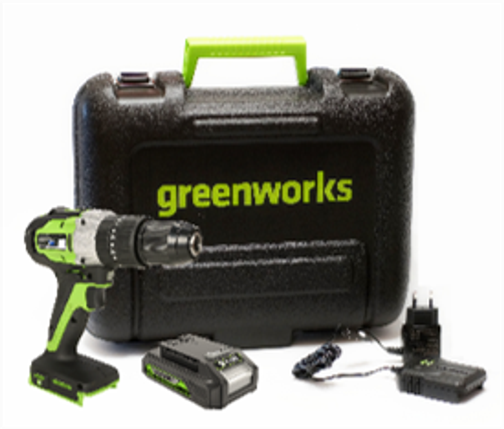 Дрель-шуруповерт ударная Greenworks GD24DD60, 24V, бесщеточная, 60Нм, c 1хАКБ 2Ач и ЗУ 2А, в кейсе (3704107UA)