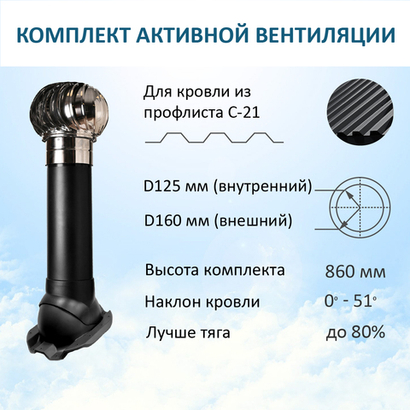 Турбодефлектор TD160 НСТ, вент. выход утепленный высотой Н-700, для кровельного профнастила С-21 мм, черный