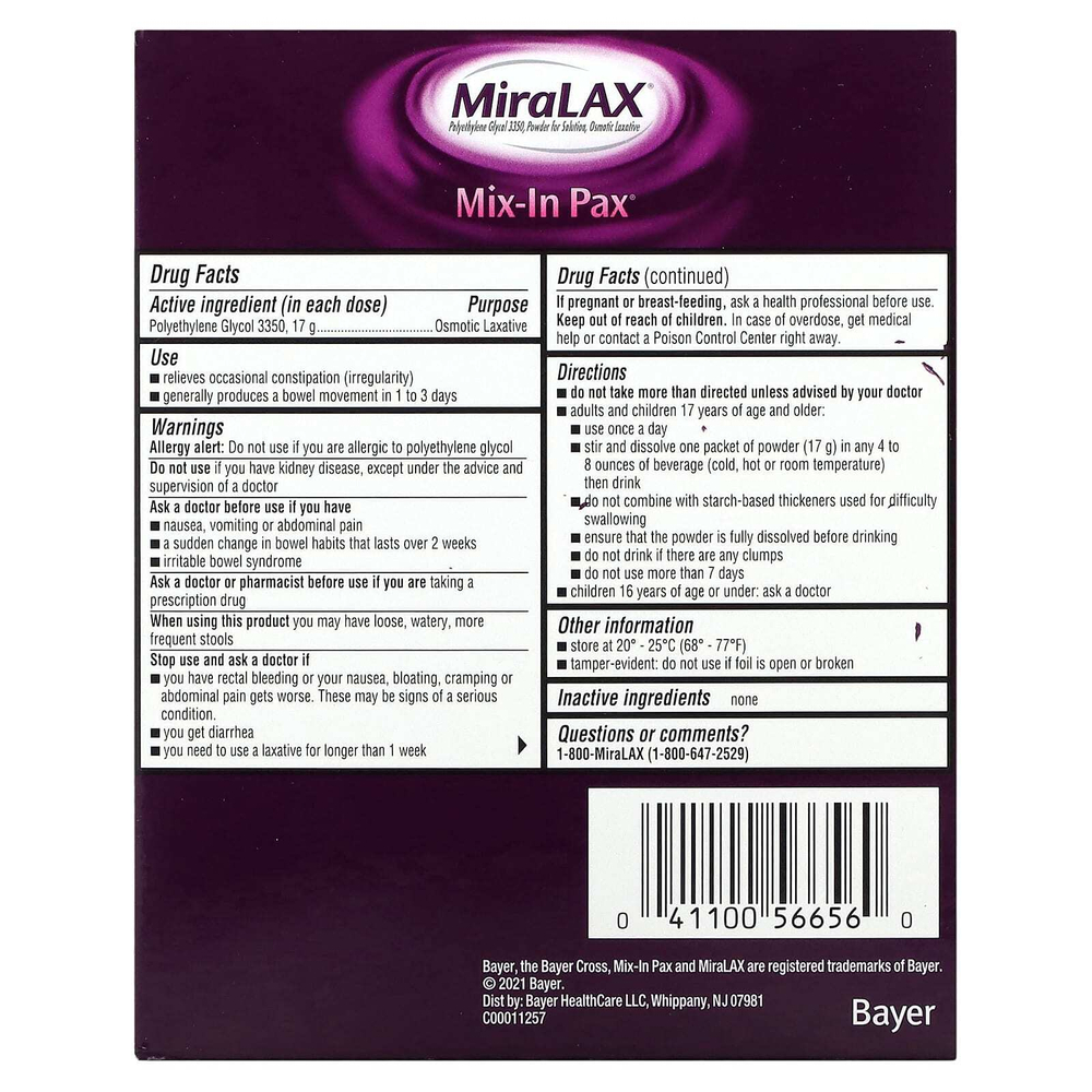 MiraLAX, Mix-In Pack, без зернистости, без добавок, 20 пакетиков по 17 г (0,5 унции)
