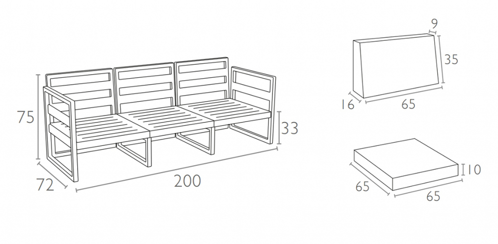 Диван пластиковый трехместный с подушками Siesta Contract Mykonos XL, серебристый, черный