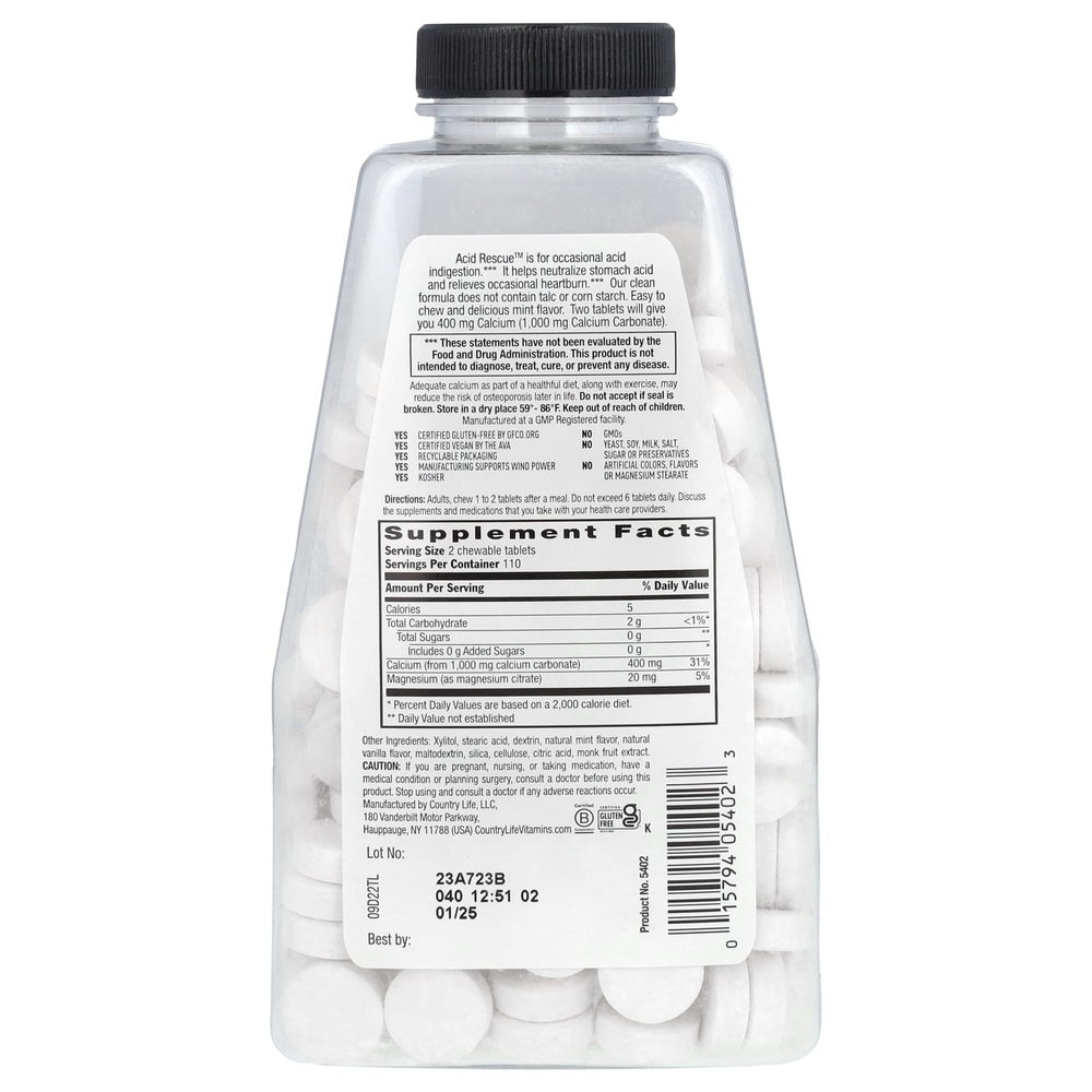 Country Life, Acid Rescue, карбонат кальция, мята, 220 жевательных таблеток
