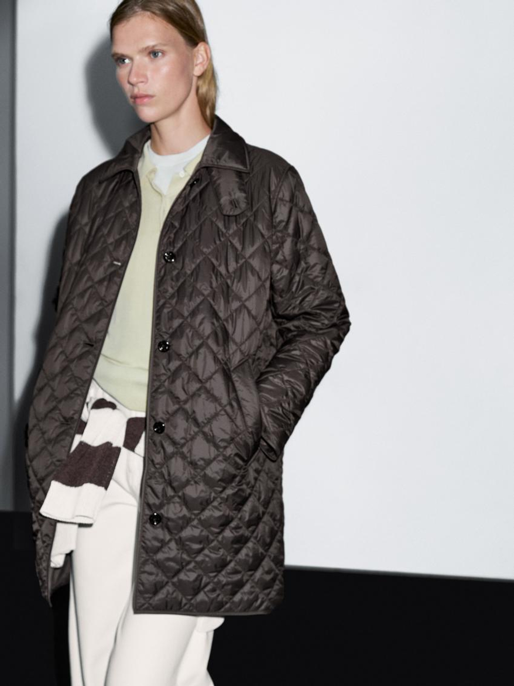 Massimo Dutti Удлиненная легкая стеганая куртка, коричневый