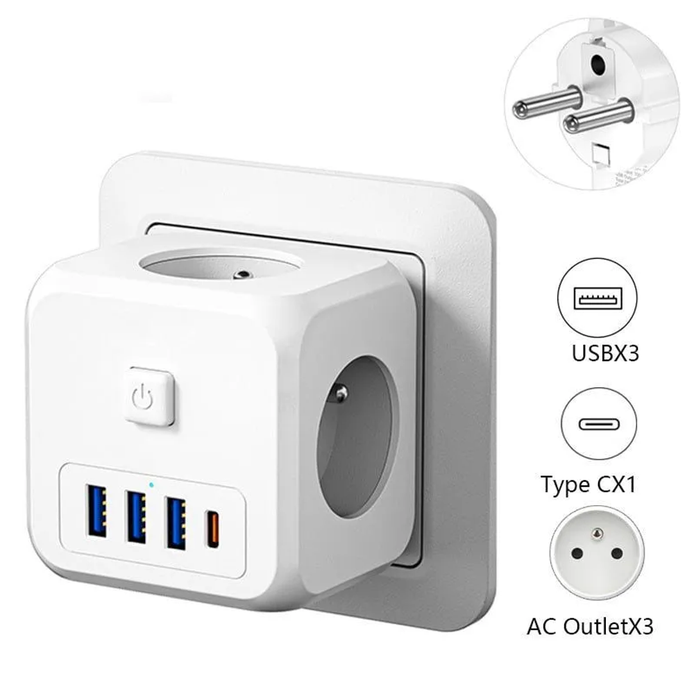 Тройник для розетки, с USB, Type-C PowerCube, 3 гнезда 220V, 3 USB 2100mA / 1 Type-C 3400mA, c заземлением, защитные шторки, 16 A/4000 Вт.