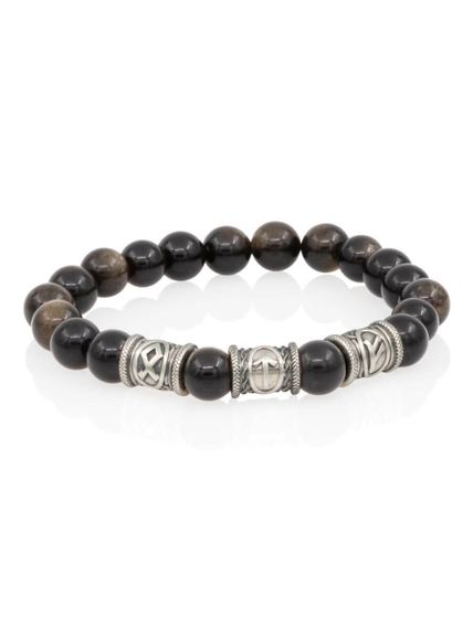 Браслет из натурального обсидиана с рунами Одал, Тейваз, Феху - Достижений целей, вид спереди