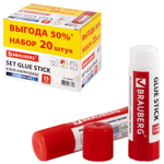 Клей-карандаш 15 г упаковка комплект 20 штук BRAUBERG (2 штуки в упаковке)