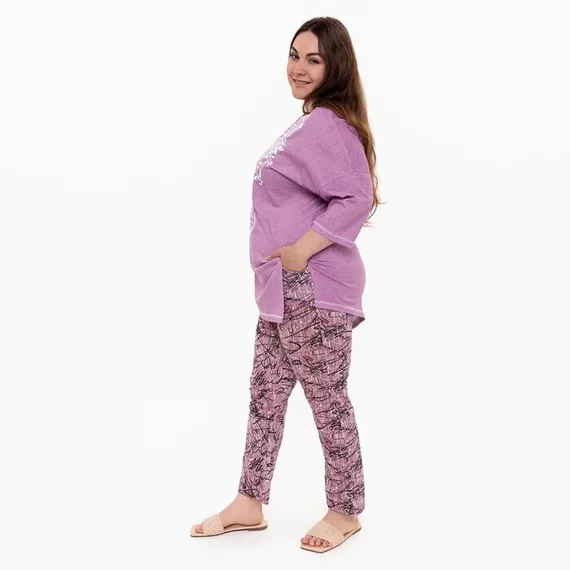 Брюки женские с принтом, цвет розовый с черн рисунком, размер 48