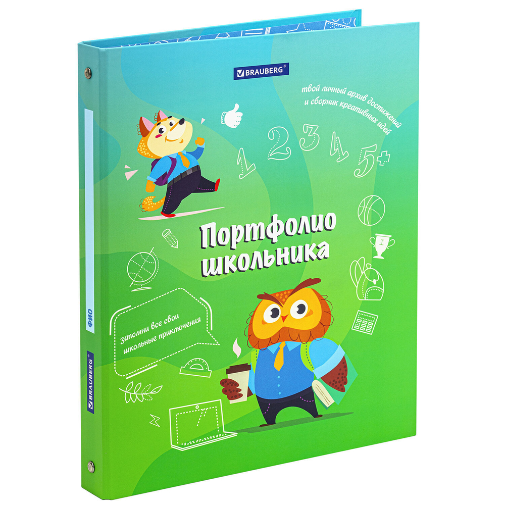 Папка-портфолио школьника "ОТЛИЧНИК" 4 кольца 20 файлов 10 вкладышей 7БЦ матовая BRAUBERG (3 штуки в упаковке)