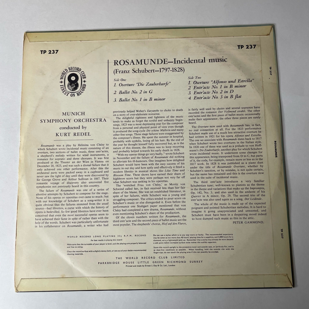 Винтажная виниловая пластинка LP Schubert Шуберт Rosamunde Розамунда (Англия 1963)