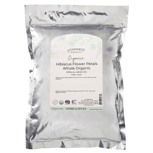 Starwest Botanicals, органические лепестки цветков гибискуса, цельные, 453,6 г (1 фунт)