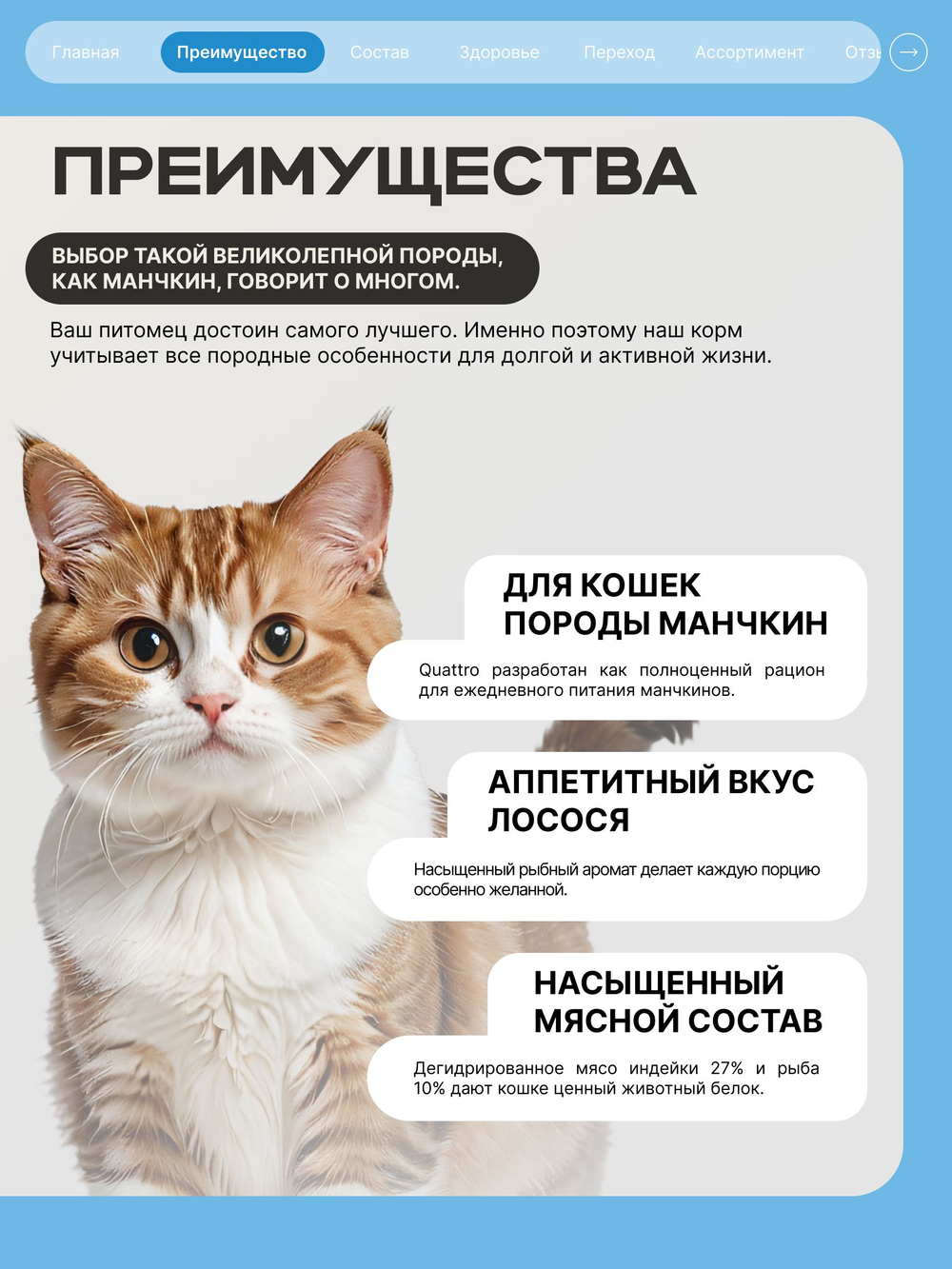 Корм сухой для взрослых кошек породы Манчкин, с лососем, 5 кг, QUATTRO