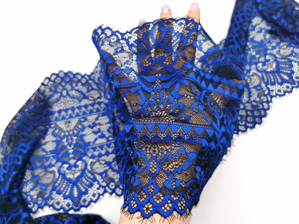 Эластичное кружево, 22 см, черное и кобальт (Арт: EK-2633), м