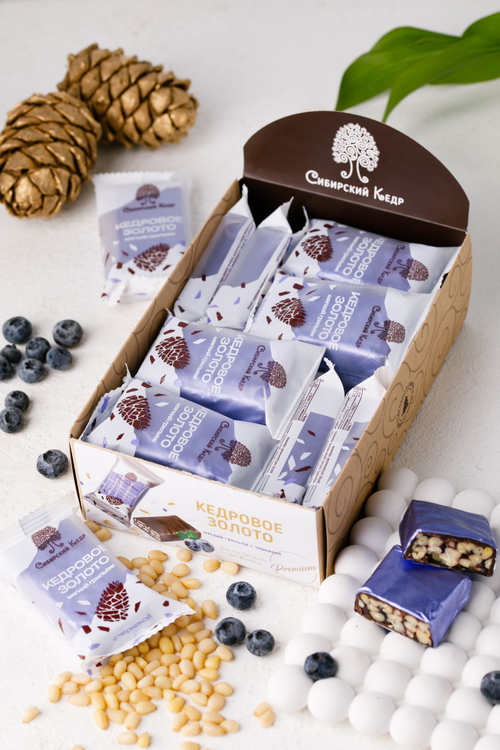 Кедровое золото Черника / 630 г / шоу-бокс / 18шт / батончик / ТМ Сибирский кедр