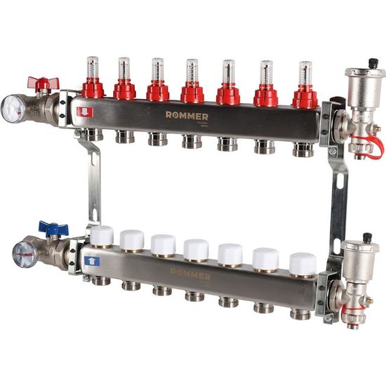 Коллектор Rommer 1"x3/4" на 7 контуров с расходомерами в сборе (нерж. сталь) RMS-1210-000007