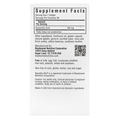 Bluebonnet Nutrition, Beautiful Ally, гиалуроновая кислота, 100 мг, 90 мягких таблеток
