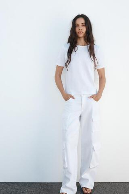 ZARA ФУТБОЛКА ИЗ ФАСОННОЙ ХЛОПКОВОЙ ПРЯЖИ, БЕЛЫЙ