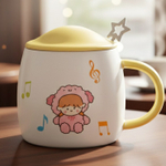 Керамическая кружка с крышкой и ложкой, бело-желтый, 420 мл