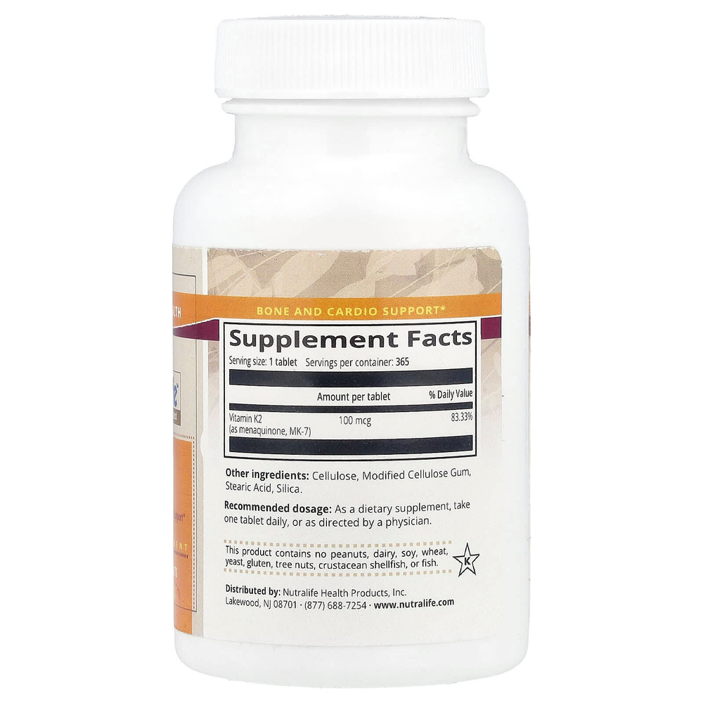 NutraLife, Mk7, витамин K2, 100 мкг, 365 таблеток