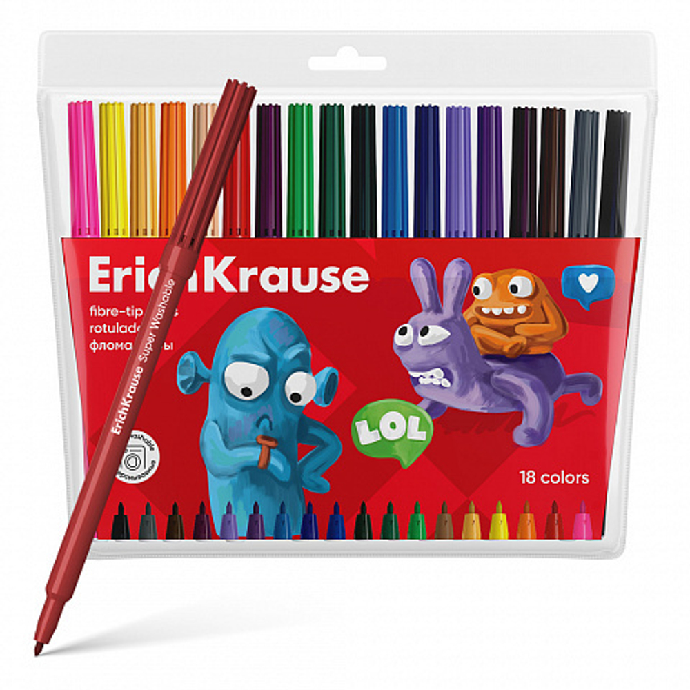 Фломастеры  18цв "Erich Krause. Jolly Friends Super Washable", вент.колпачок, блистер