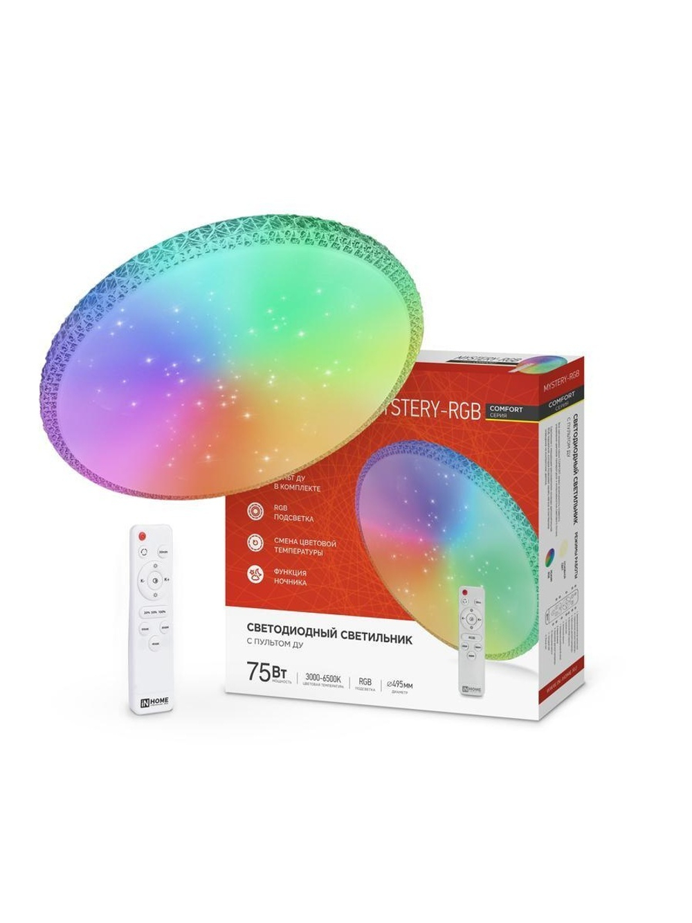 Светильник светодиодный COMFORT MYSTERY-RGB 75Вт 3000-6500К 6000лм 230В 495х85мм с пультом ДУ IN HOME 4690612044637