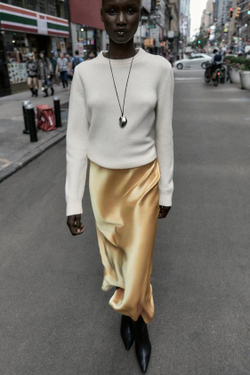 ZARA АТЛАСНАЯ ЮБКА МИДИ, ЖЕЛТЫЙ