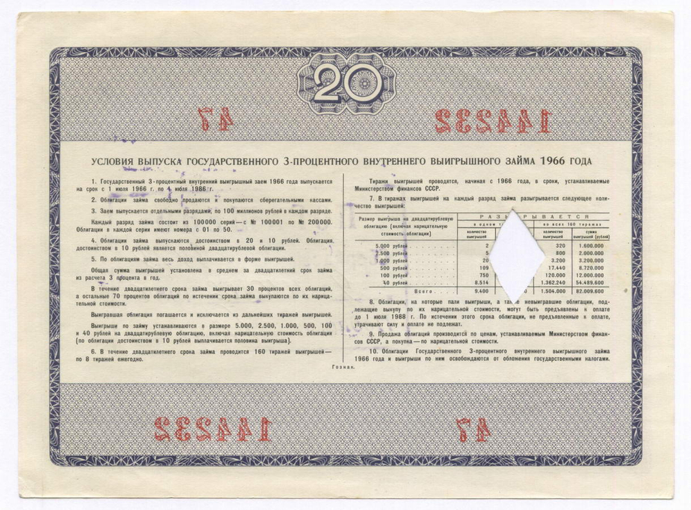 Облигации 20 рублей и 10 рублей 1966 год. Серии №№ 144232 и 186636. Гашение - вырез и штамп с надписью