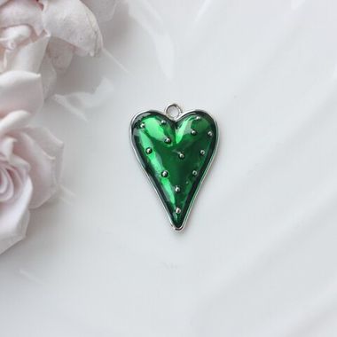 Подвеска с Сердце с зелёной эмалью, 34*23 мм, родий, П885