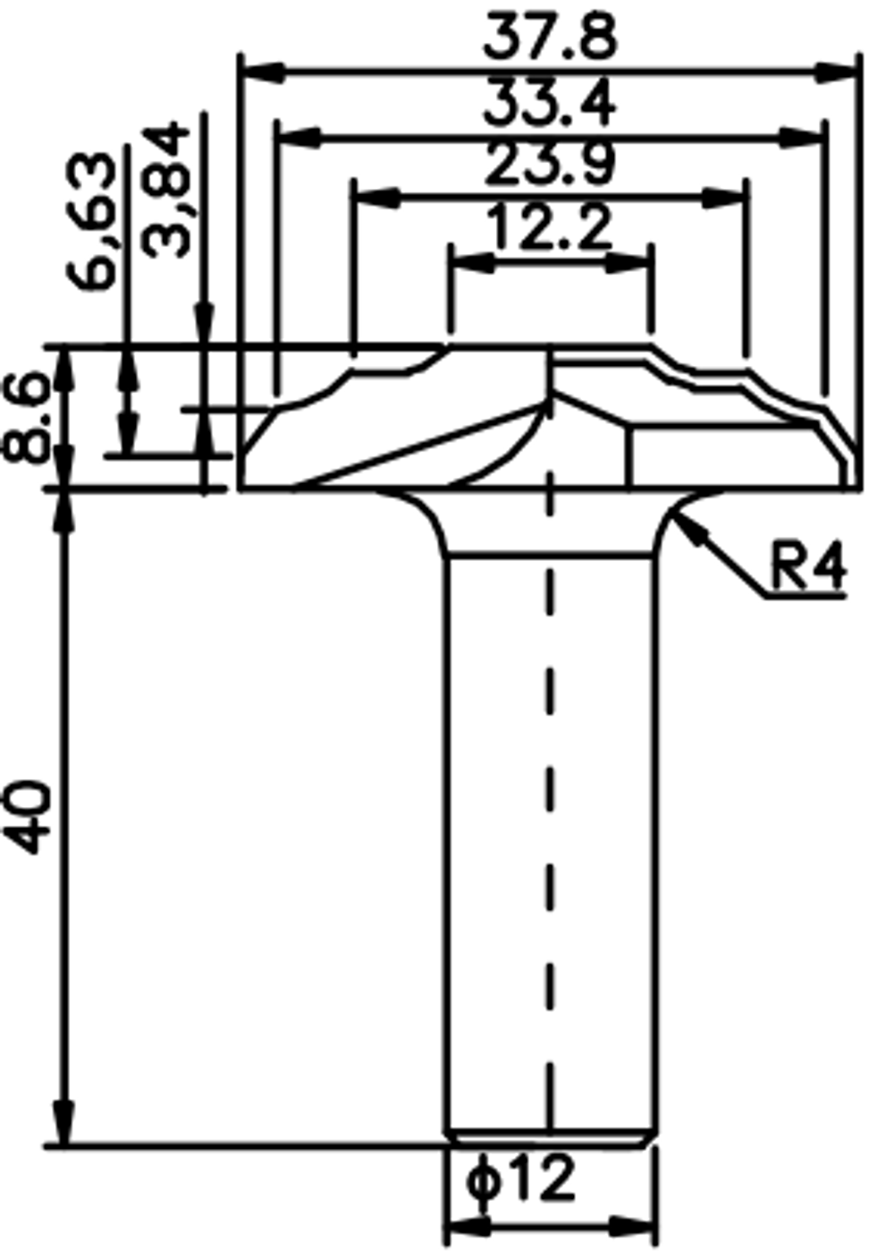 PCD профильная фреза D.37,8x8,6 S.12x40 Z2