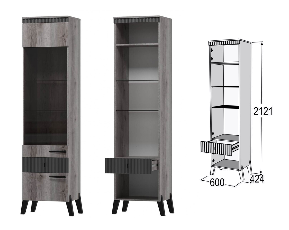 Шкаф-витрина с ножками Ольга-3 Дуб делано серый/сильвер Пэлас