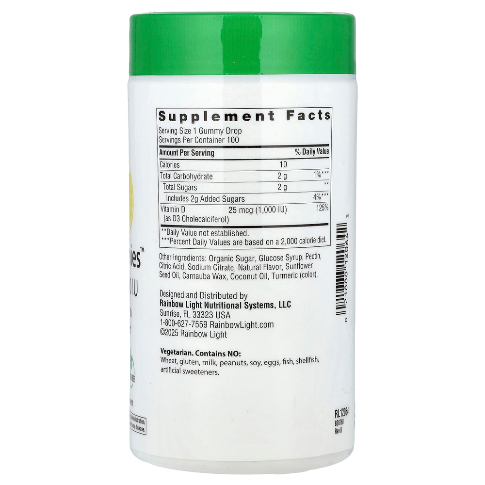 Rainbow Light, Sunny Gummies ™, витамин D3, вкусный лимон, 25 мкг (1000 МЕ), 100 жевательных таблеток
