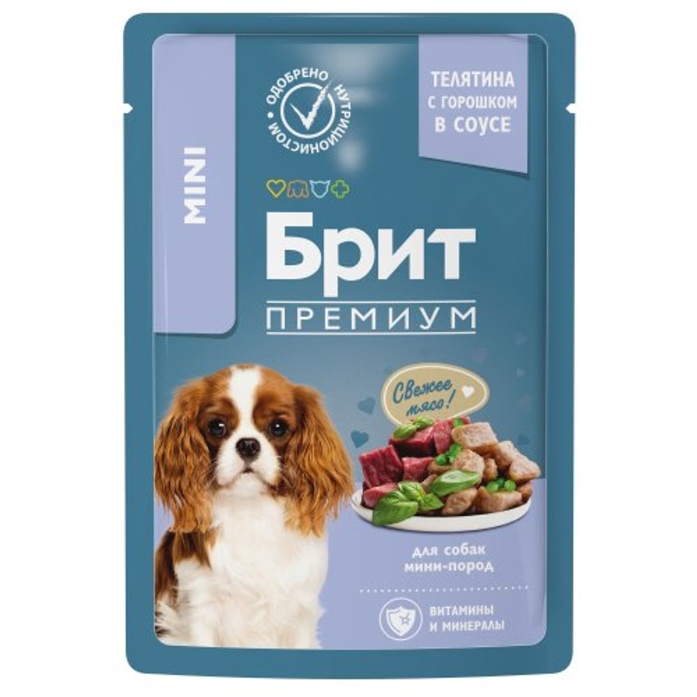 Влажный корм для собак Брит BRIT PREMIUM для взрослых собак мини пород, телятина с зеленым горошком, в соусе 85г 14 уп