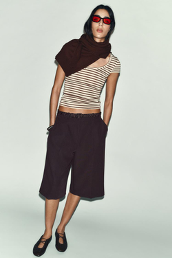 ZARA ФУТБОЛКА В ПОЛОСКУ С КОРОТКИМ РУКАВОМ, ЭКРЮ/КОРИЧНЕВЫЙ