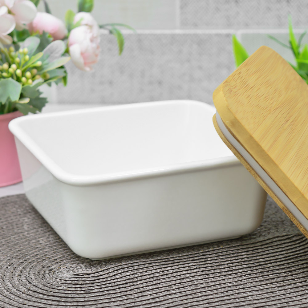 Блюдо для запекания 15см квадратное с бамбуковой крышкой, фарфор