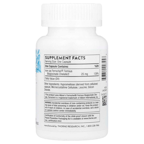 Thorne, бисглицинат железа, 60 капсул (25 мг в 1 капсуле)