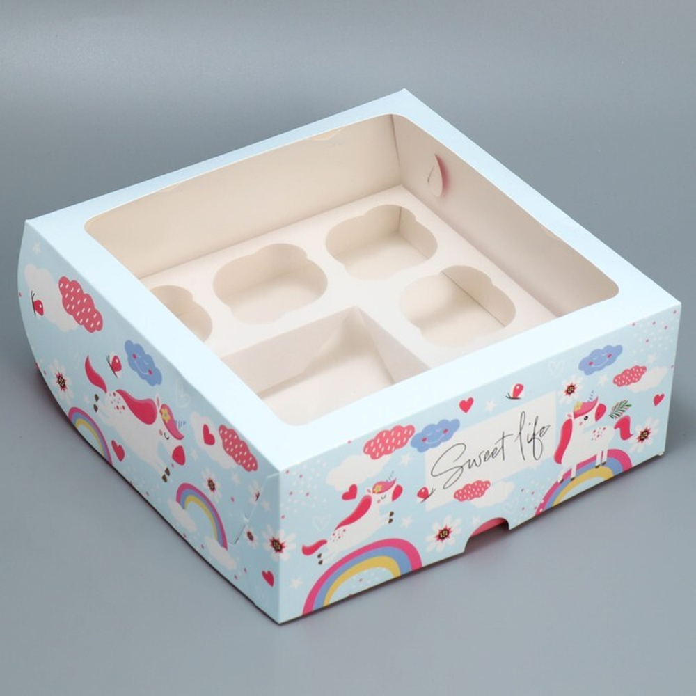 Коробка на 5 капкейков и бенто-торт «Ванильные единороги», 25 х 25 х 10 см