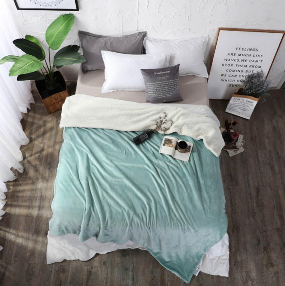 Плед двуспалка Мятный-белый Барашка Велюр-Плюш 200х230