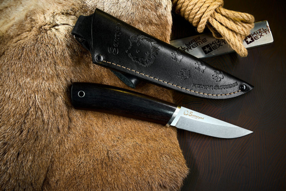 Нож Kizlyar Supreme SAMOYED VG-10 SW WH LS (StoneWash, Walnut Handle, Leather Sheath)