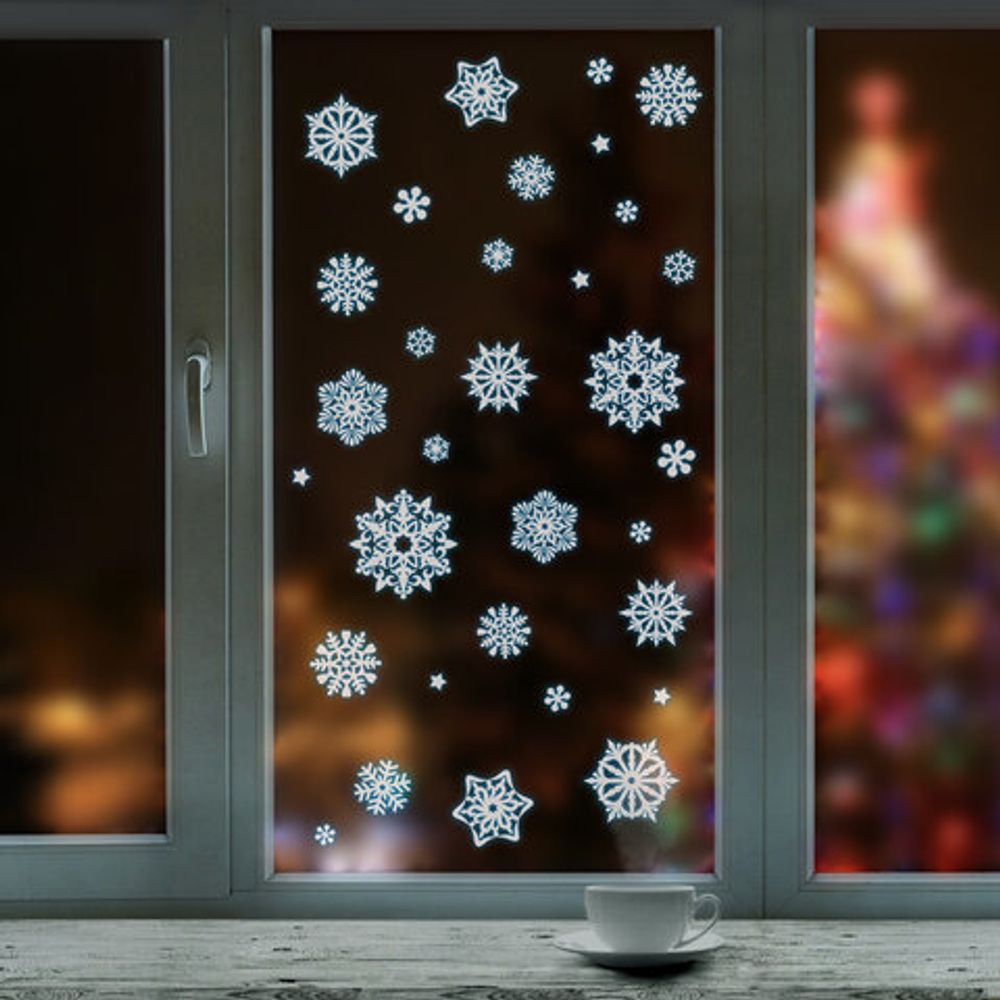 Украшение для окон и стекла ЗОЛОТАЯ СКАЗКА "Голубые снежинки 4", 30х38 см, ПВХ, 591198