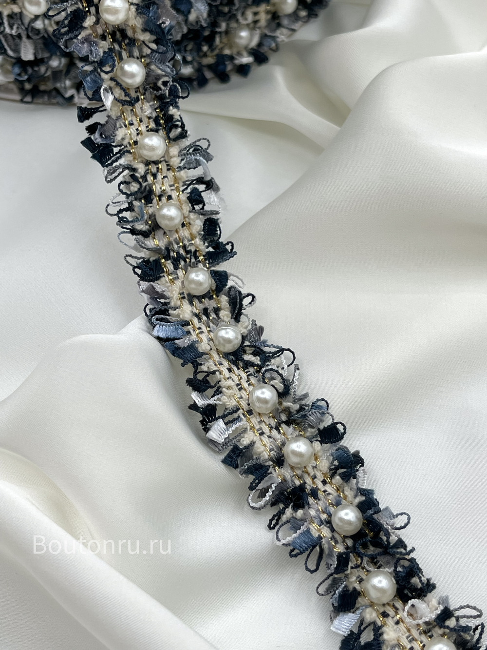Тесьма темно-синяя с жемчугом твид