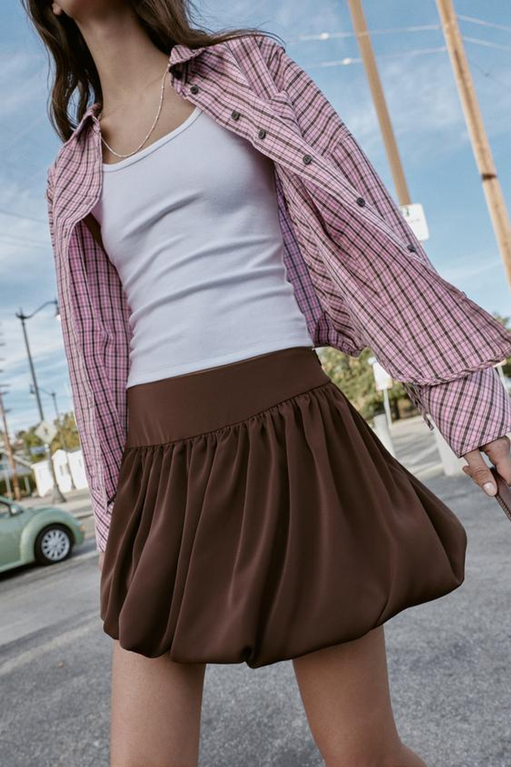 ZARA МИНИ-ЮБКА БАЛЛОН, КОРИЧНЕВЫЙ