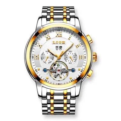Часы наручные механические с автоподзаводом LIGE на металлическом браслете, золотистый/серебристо-золотистый W9590-01