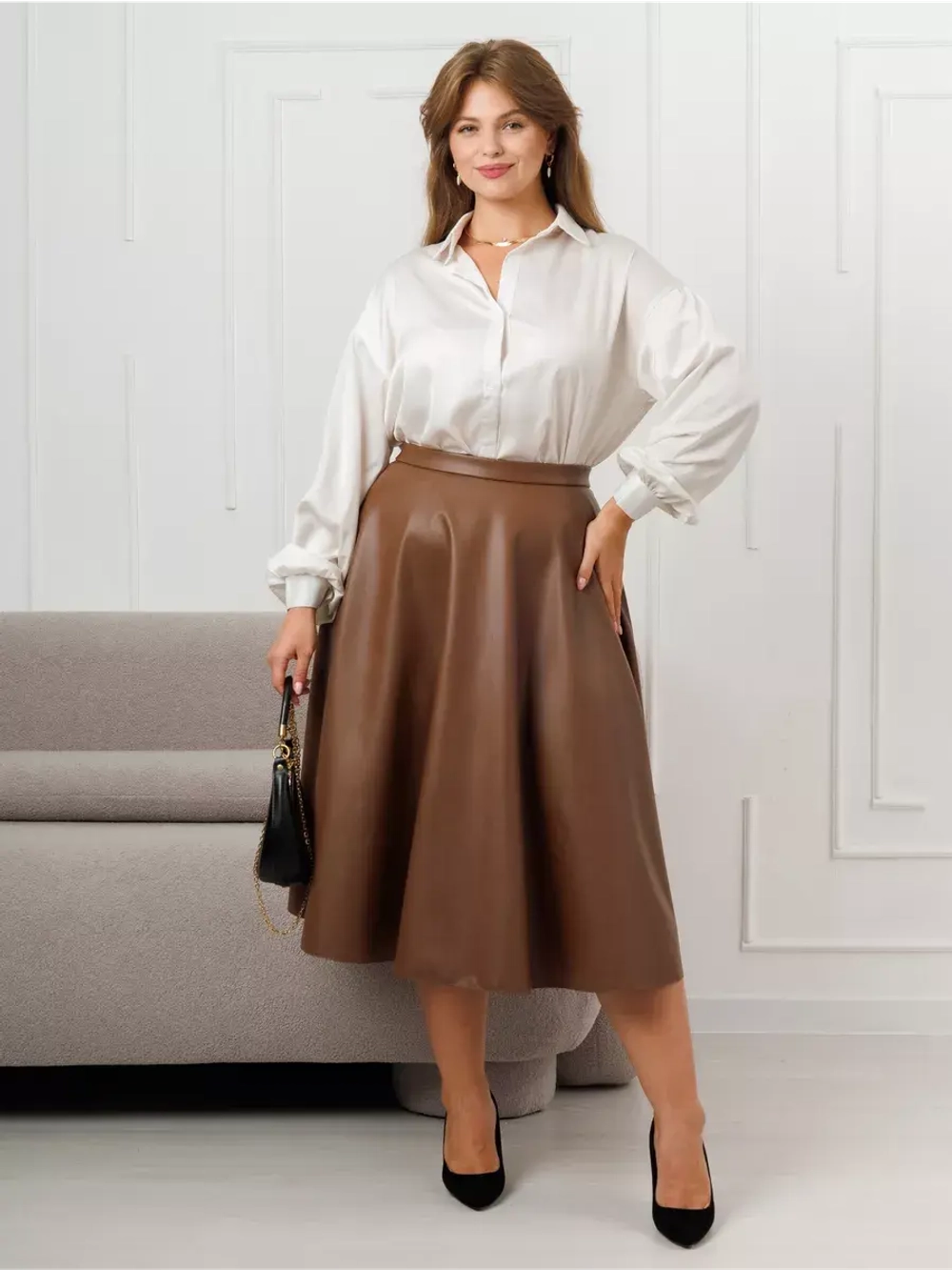 Юбка кожаная миди трапеция