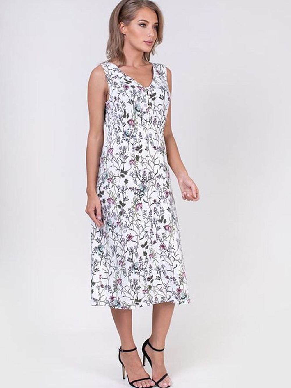 Длинное платье с мелким цветочным принтом (Размер: XL) (Цвет: белый)