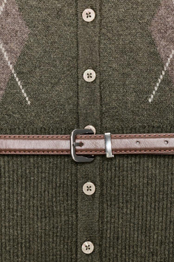 ZARА КАРДИГАН С УЗОРОМ «РОМБЫ» И ПОЯСОМ, ТЕМНЫЙ ХАКИ