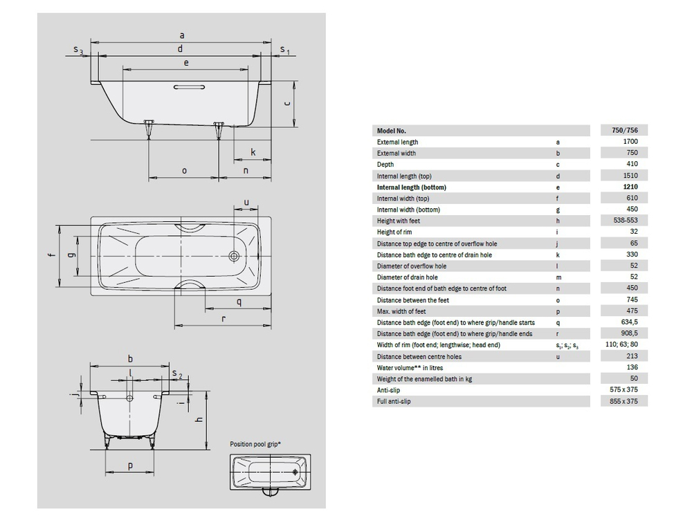 Kaldewei Стальная ванна CAYONO mod. 750, 1700*750*410 мм, AntiSlip, Easy Clean, alpine white, без ножек