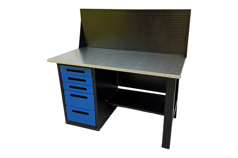 Верстак GWT-V1400BL4 Great Wolf - однотумбовый, 5 ящиков, с экраном, синий, 1400x700мм